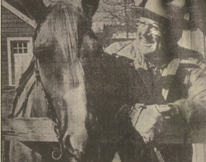 Oscar Meyer and his horse, Deutsches, in 1976. During World War II Meyer wrote and mailed out over 10,000 copies of a newsletter to Madeira service men and women all over the world.