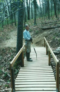 Brownie Morgan built this bridge in his woods.