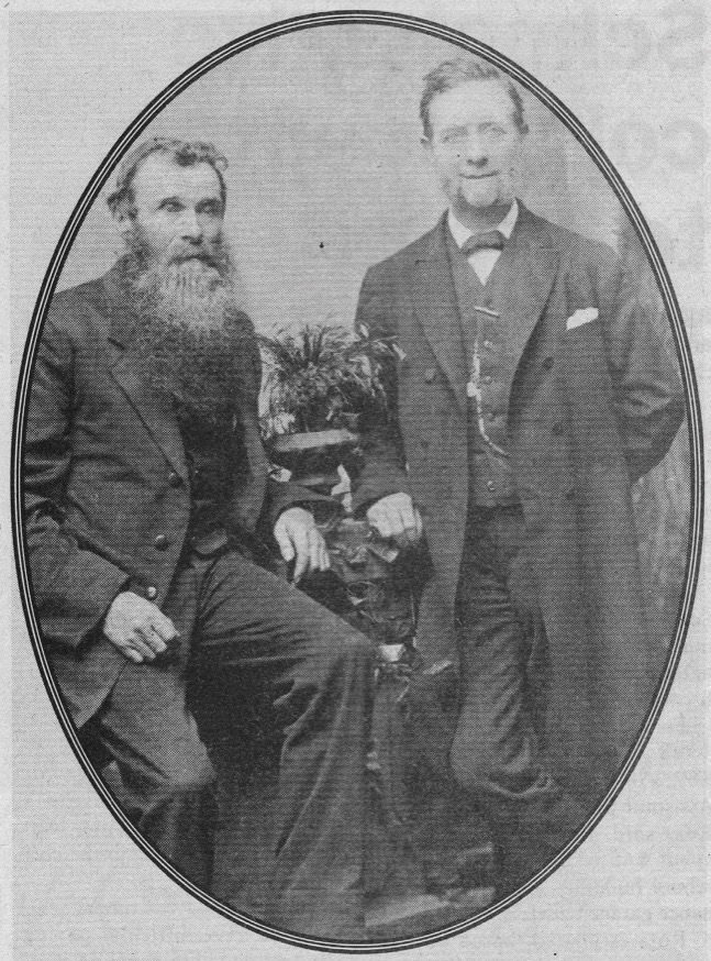 Joseph A. Muchmore, left, and his brother, E.G. Muchmore. According to the books of death, Joseph died of pneumonia in 1917, at the age of 91. He is buried at Spring Grove Cemetery.